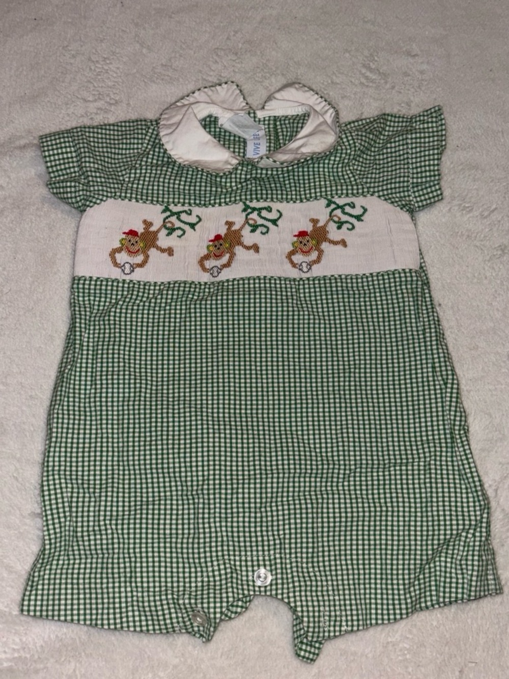 Green Gingham Smocked Baby One-Piece with Monkey Embroidery